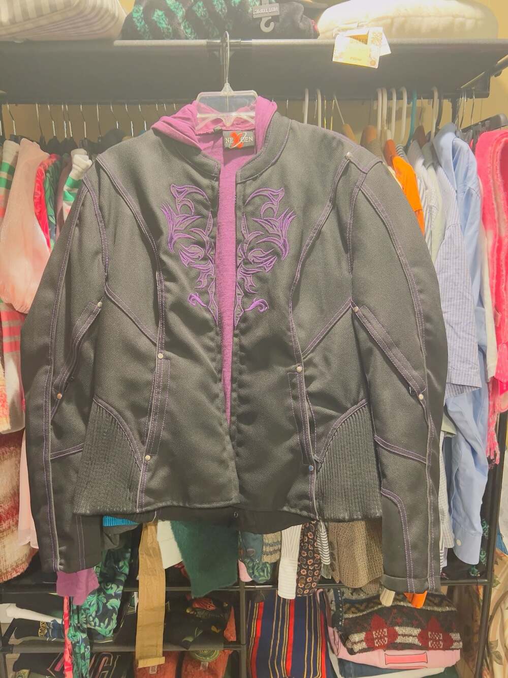 NexGen Women's Black and Purple Mesh Motorcycle Jacket with Removable Hoodie